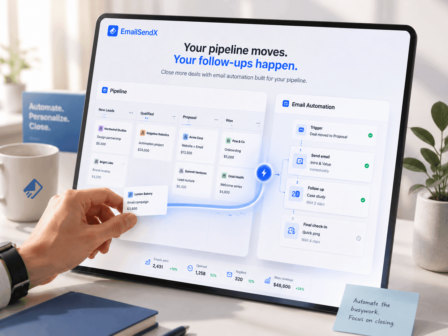 The EmailSendX CRM: a deal pipeline with New Leads, Qualified, Proposal, and Won columns being dragged between stages, beside an email automation triggered when a deal moves to Proposal — send an intro email immediately, follow up with a case study after two days, then a final check-in.