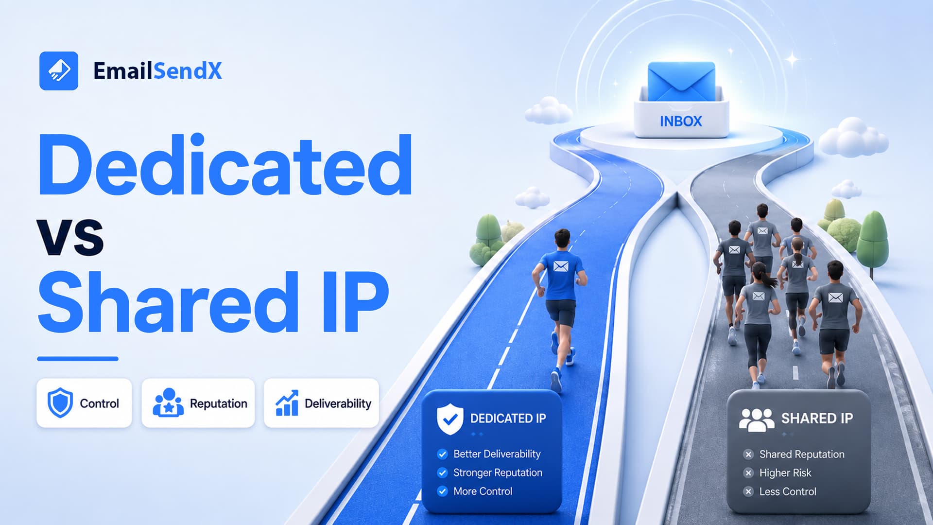 Infographic comparing dedicated IP and shared IP for email sending, with a single runner on one path and multiple runners on another, leading to an inbox | EmailSendX