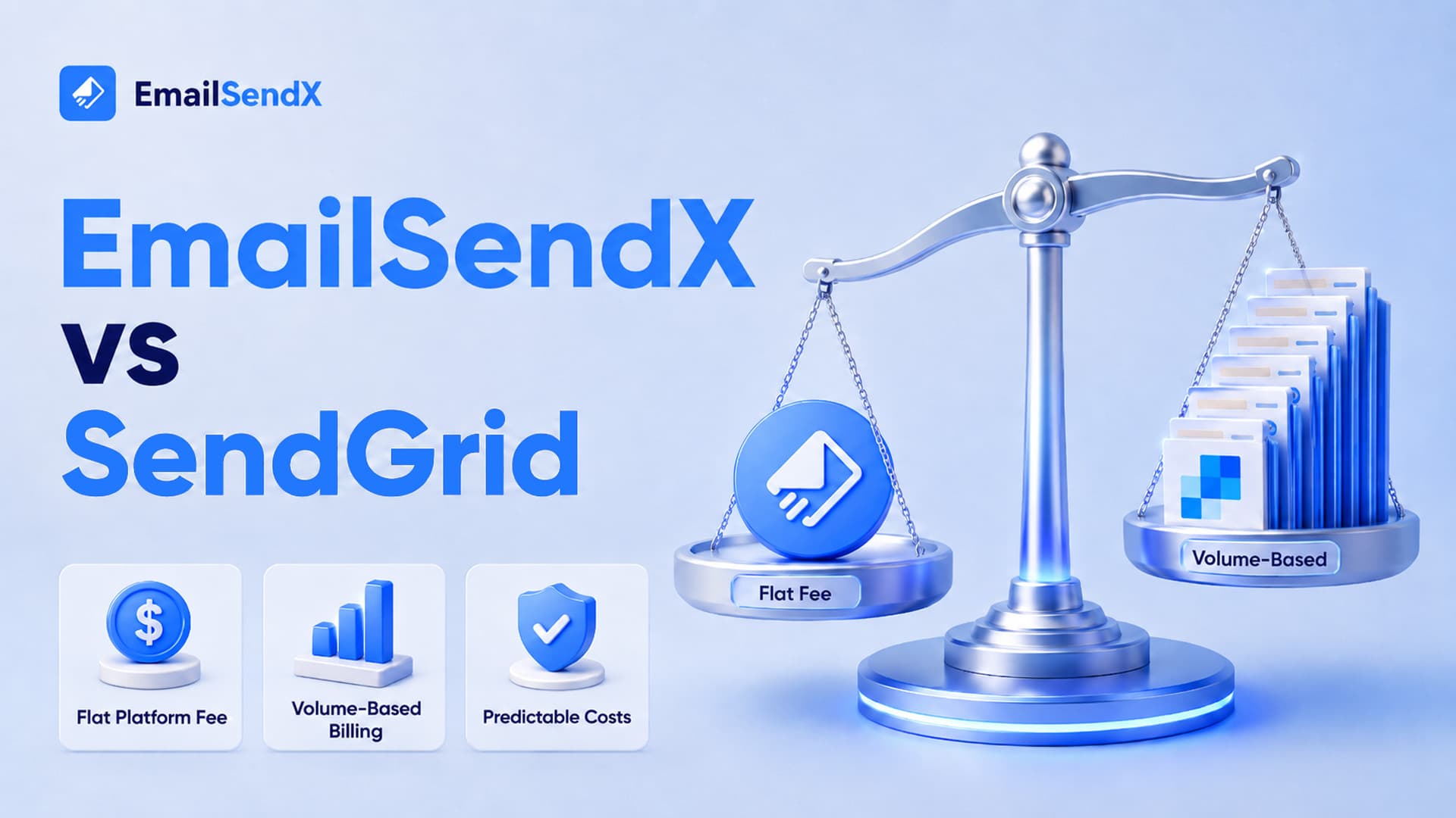 An image comparing EmailSendX and SendGrid email services, featuring a scale balancing 'Flat Fee' with an EmailSendX logo against 'Volume-Based' with a stack of SendGrid logos. Below are icons for flat platform fee, volume-based billing, and predictable costs.