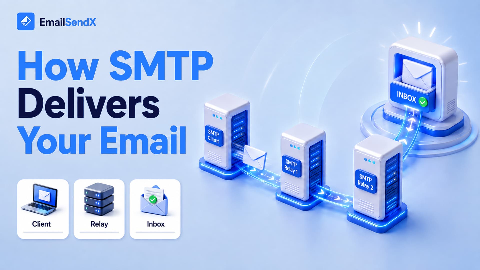 An infographic illustrating the SMTP email delivery process with icons for client, two SMTP relays, and an inbox, showing email flow | EmailSendX