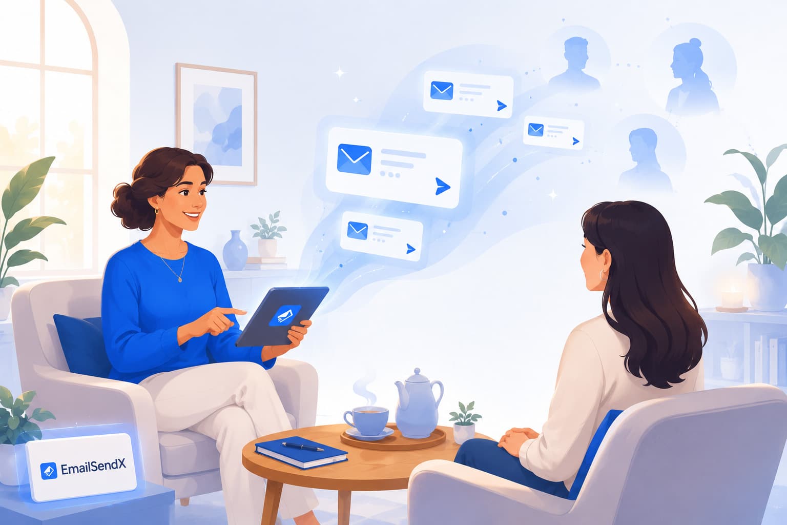 Business coach reviewing automated follow-up emails between client sessions