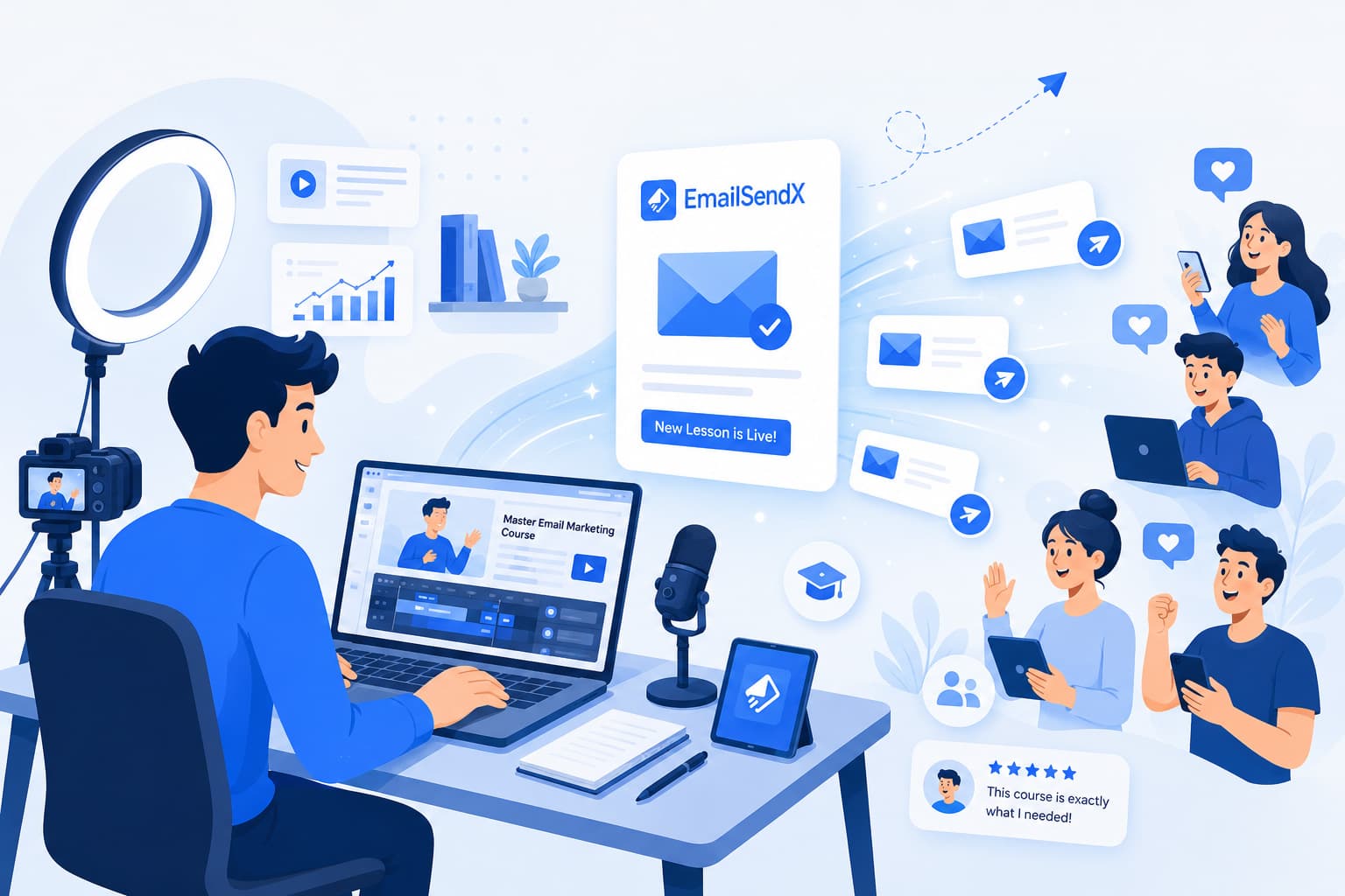 Online course creator scheduling a launch email sequence and student onboarding emails