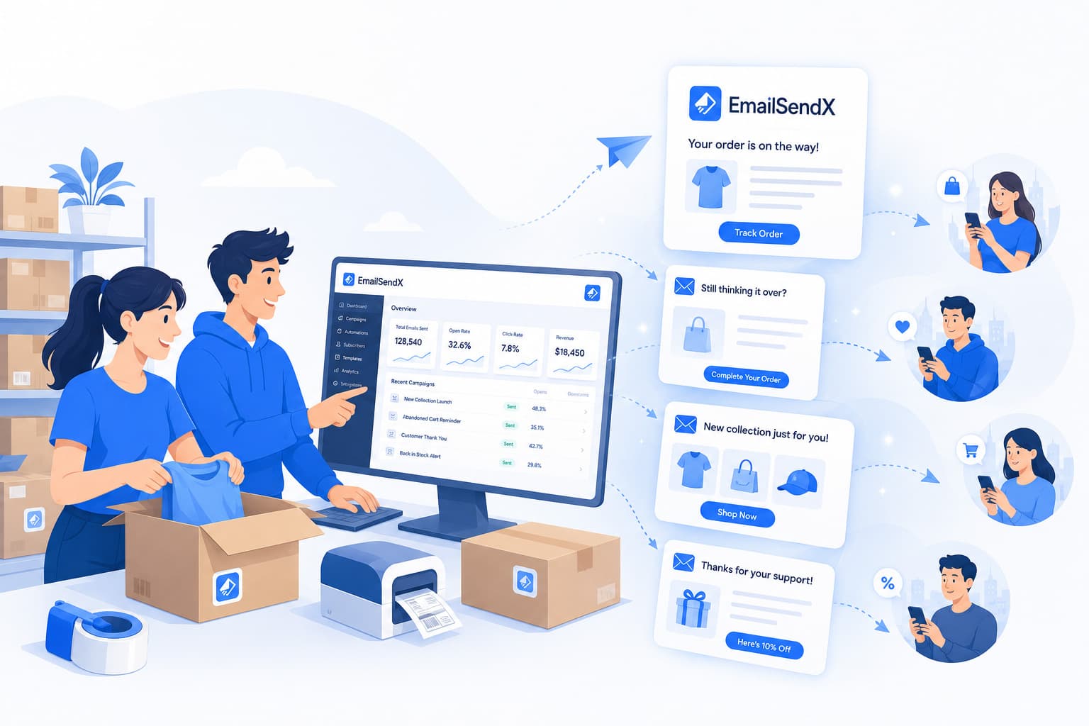 Ecommerce team reviewing product campaign and cart-recovery emails on one store dashboard