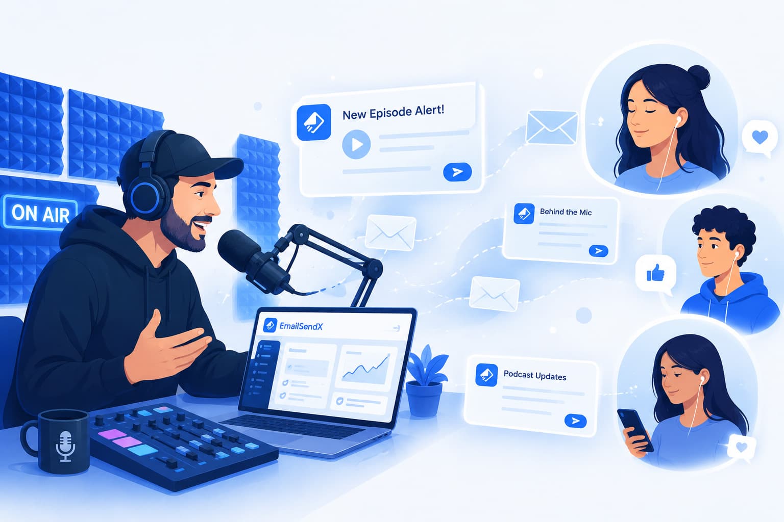 Podcaster promoting a new episode to listeners by email from one dashboard