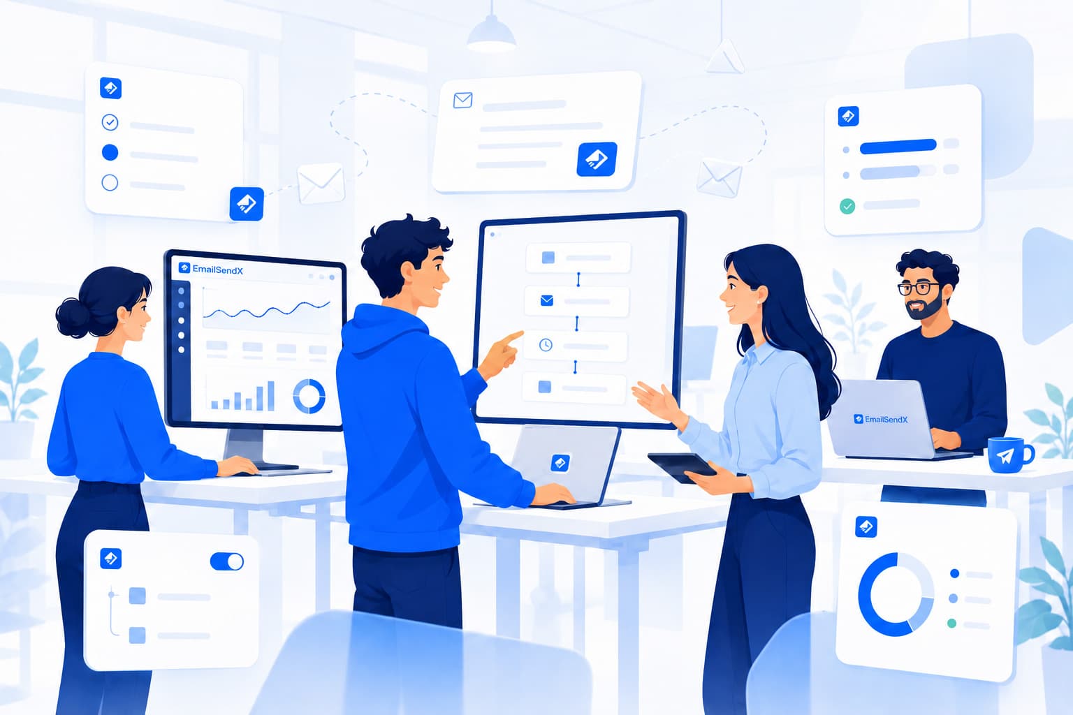 SaaS founding team reviewing trial onboarding email sequences beside their product dashboard