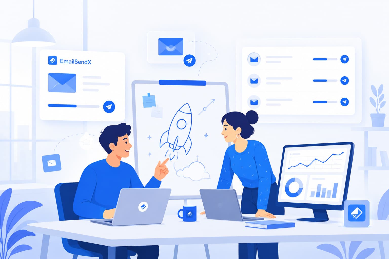 Startup founders at a whiteboard planning a launch email campaign for their waitlist