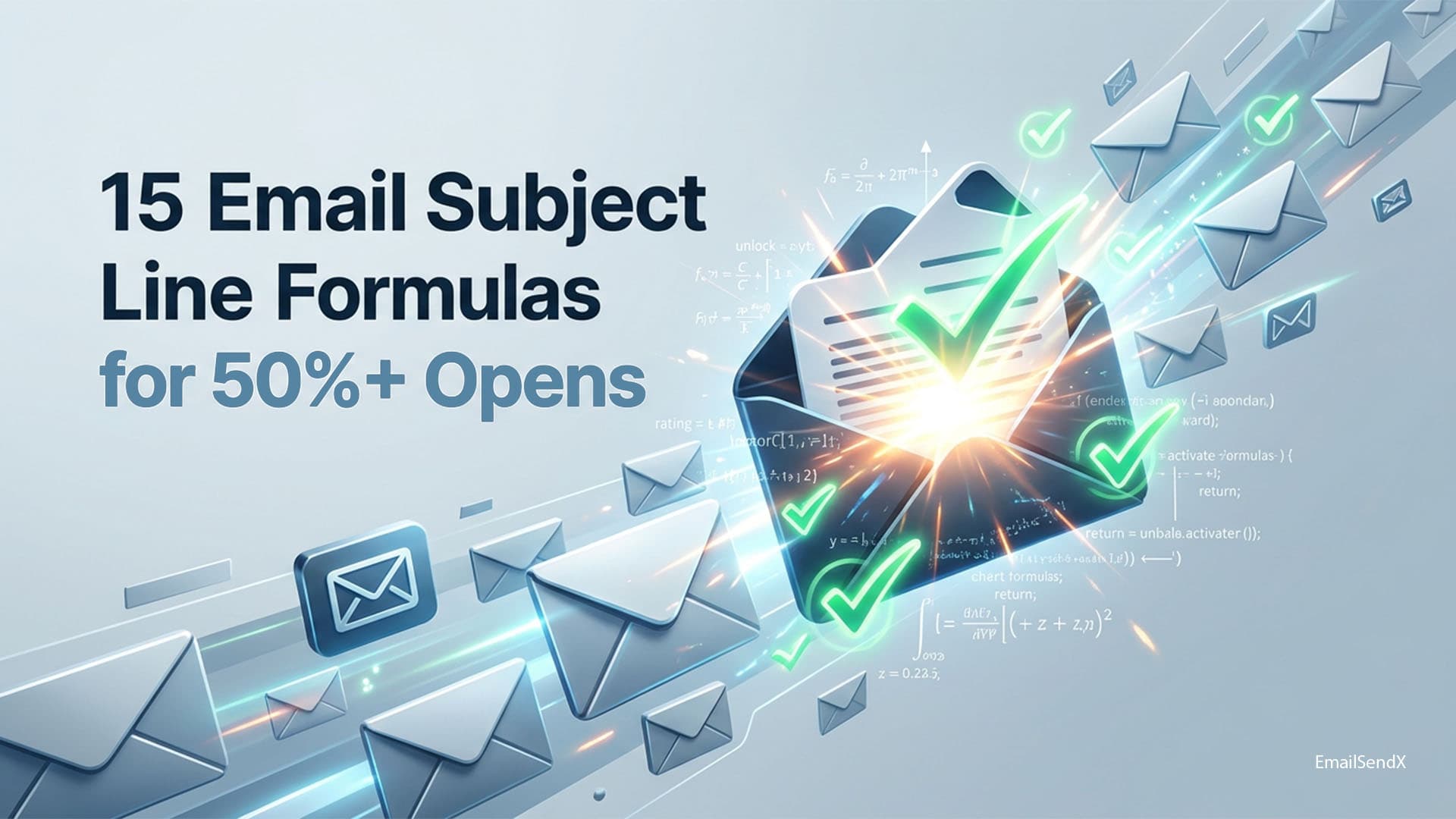 A visual representation of email marketing with the text '15 Email Subject Line Formulas for 50%+ Opens' alongside flying envelopes and a glowing open email with green checkmarks | EmailSendX