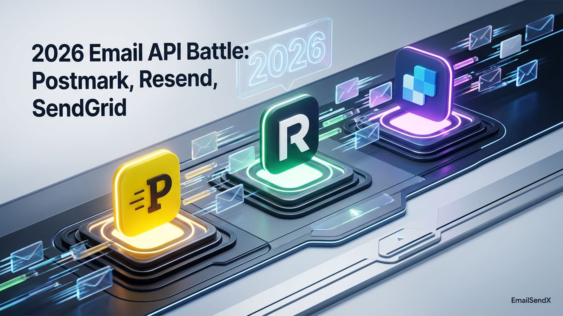 An image titled '2026 Email API Battle: Postmark, Resend, SendGrid' showing three illuminated platform icons with P, R, and a grid pattern, representing different email APIs, with emails flying between them | EmailSendX
