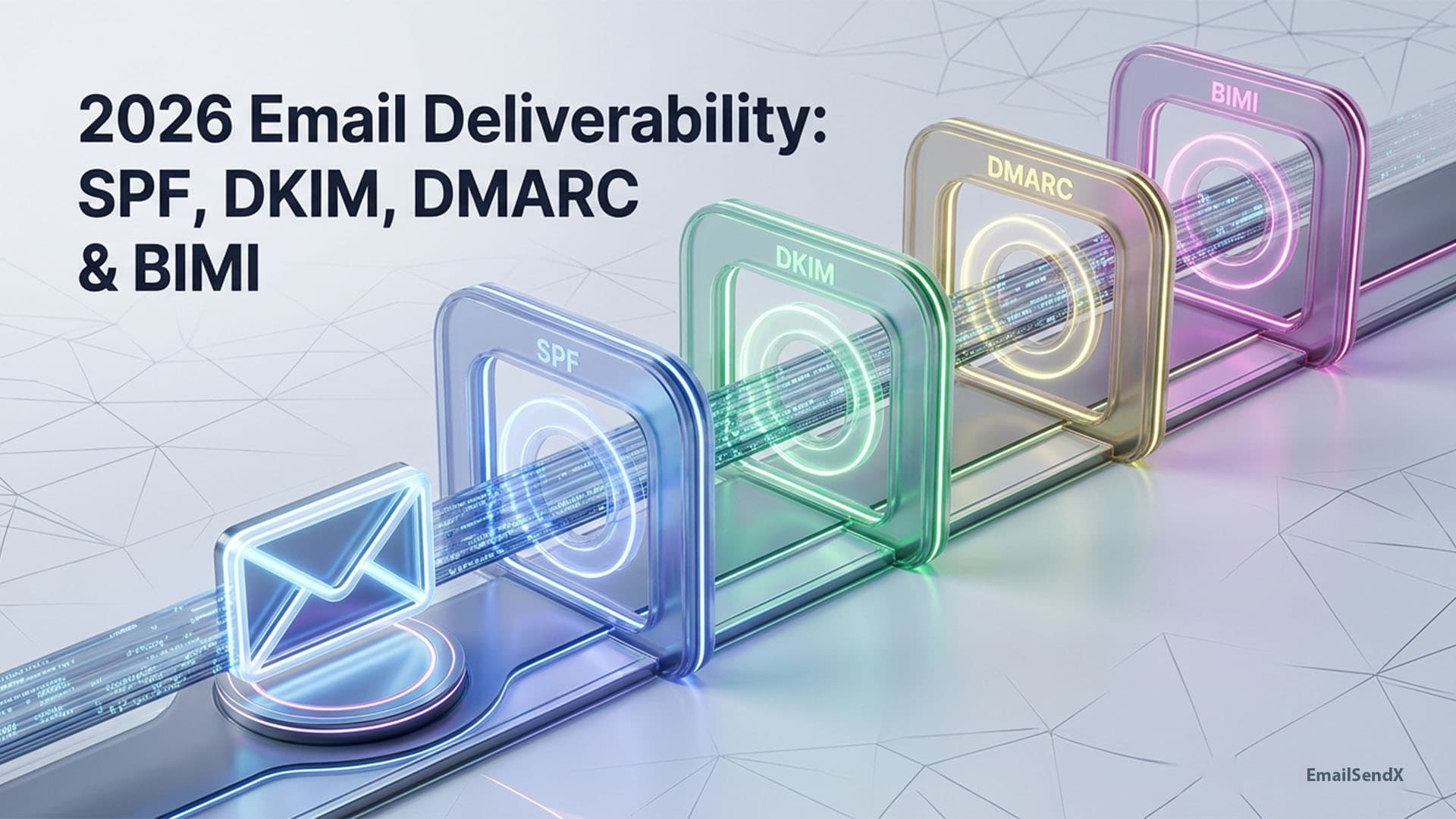 A visual representation of email deliverability with a glowing email icon passing through four distinct, glowing gates labeled SPF, DKIM, DMARC, and BIMI | EmailSendX