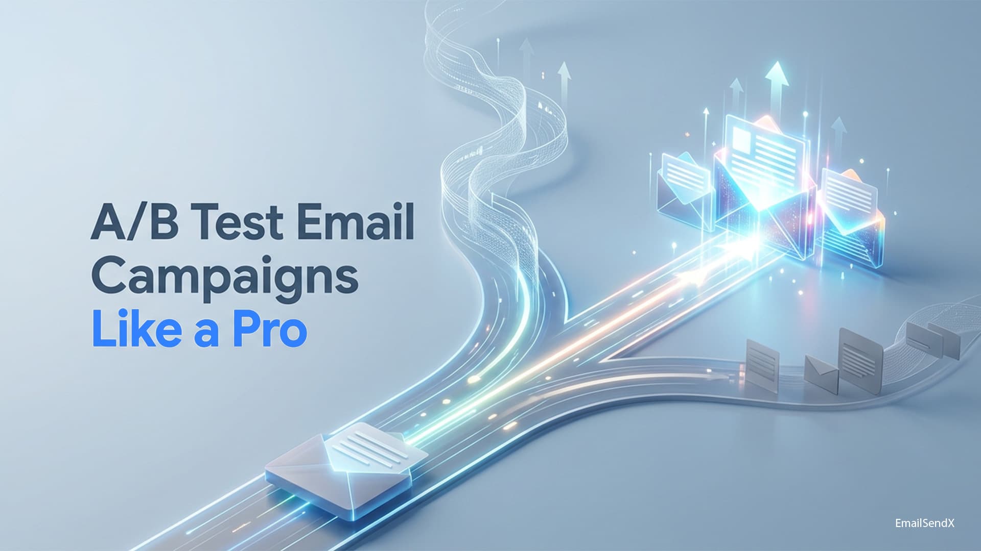 An abstract digital illustration showing two converging paths splitting into multiple routes, with glowing email icons and upward arrows representing data flow and optimization. The text 'A/B Test Email Campaigns Like a Pro' is prominently displayed | EmailSendX