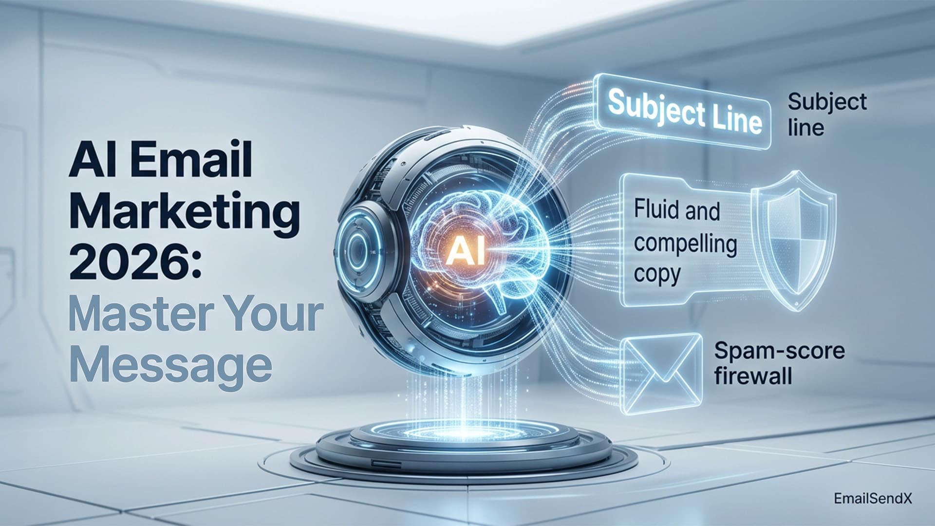 A futuristic image featuring a spherical AI core with glowing circuits, connected to three holographic panels: 'Subject Line', 'Fluid and compelling copy', and 'Spam-score firewall'. The text 'AI Email Marketing 2026: Master Your Message' is on the left | EmailSendX