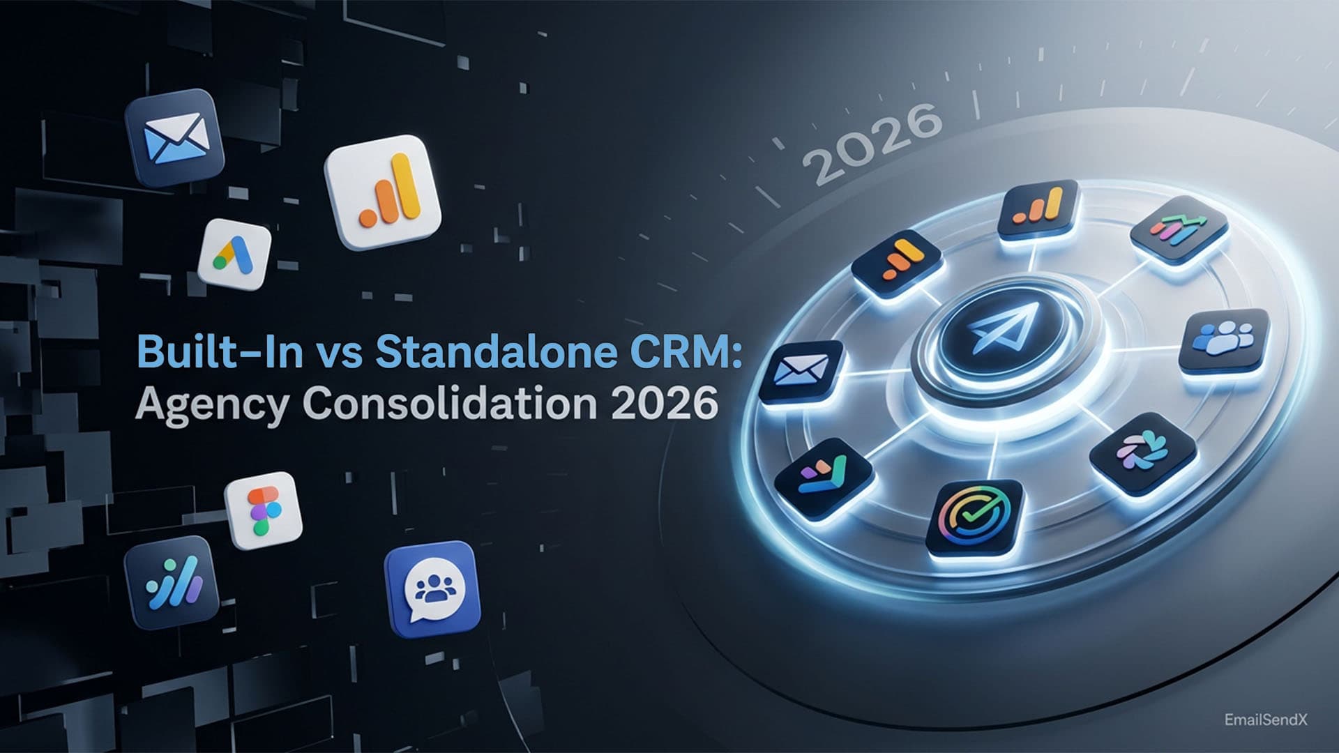 A dark, futuristic image with the title 'Built-In vs Standalone CRM: Agency Consolidation 2026'. On the right, a central icon surrounded by eight smaller icons arranged in a circle, connected by lines, with '2026' visible. On the left, several other app-like icons are scattered | EmailSendX
