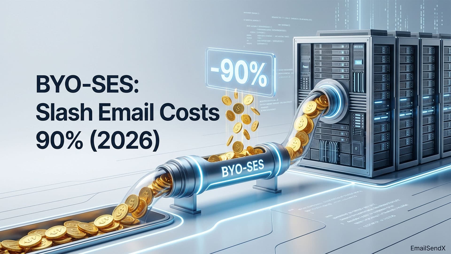 A server rack with a clear pipe funneling golden coins labeled 'BYO-SES' into a tray, with a '-90%' sign above, against a tech background | EmailSendX