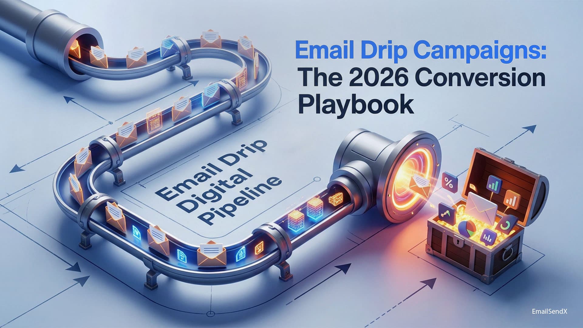 A 3D rendering of an 'Email Drip Digital Pipeline' with envelopes flowing through a metallic, futuristic conveyor system into a treasure chest | EmailSendX