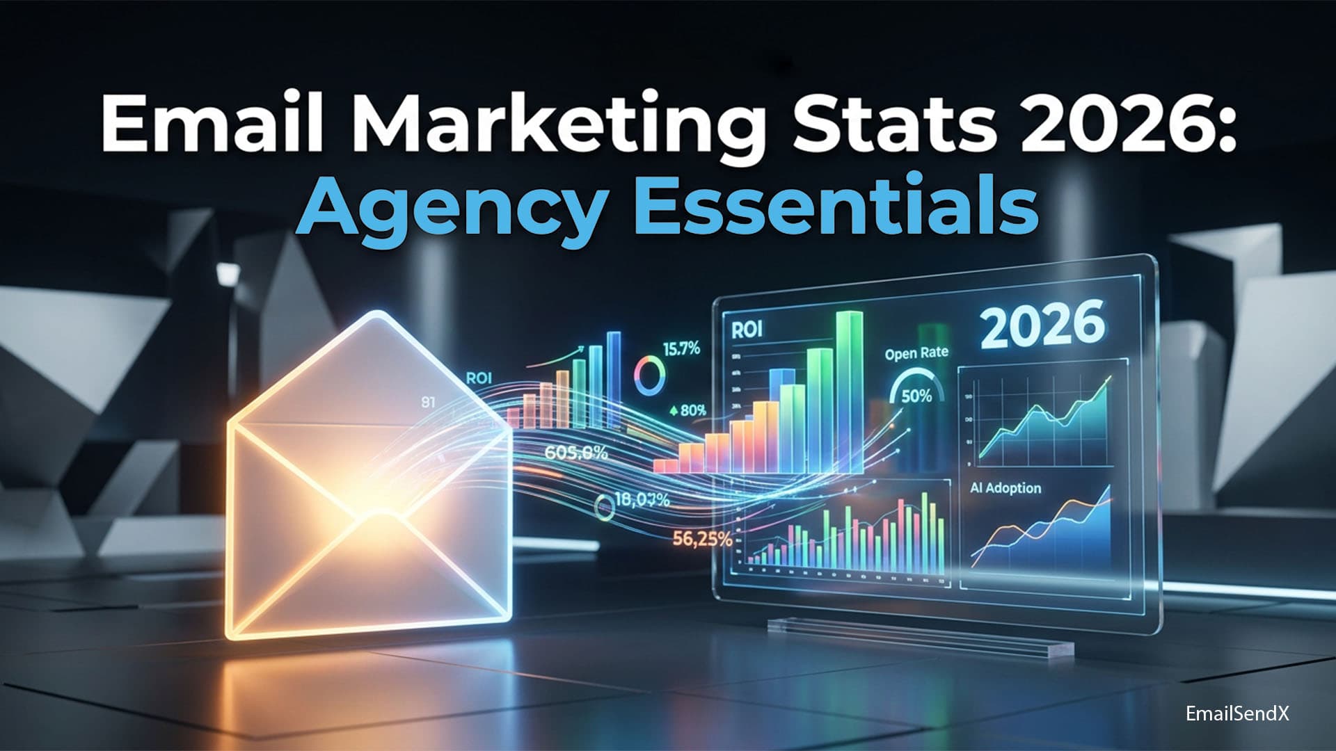 A glowing digital envelope connected to a transparent screen displaying various charts and graphs, including ROI, Open Rate, and AI Adoption statistics for 2026 | EmailSendX