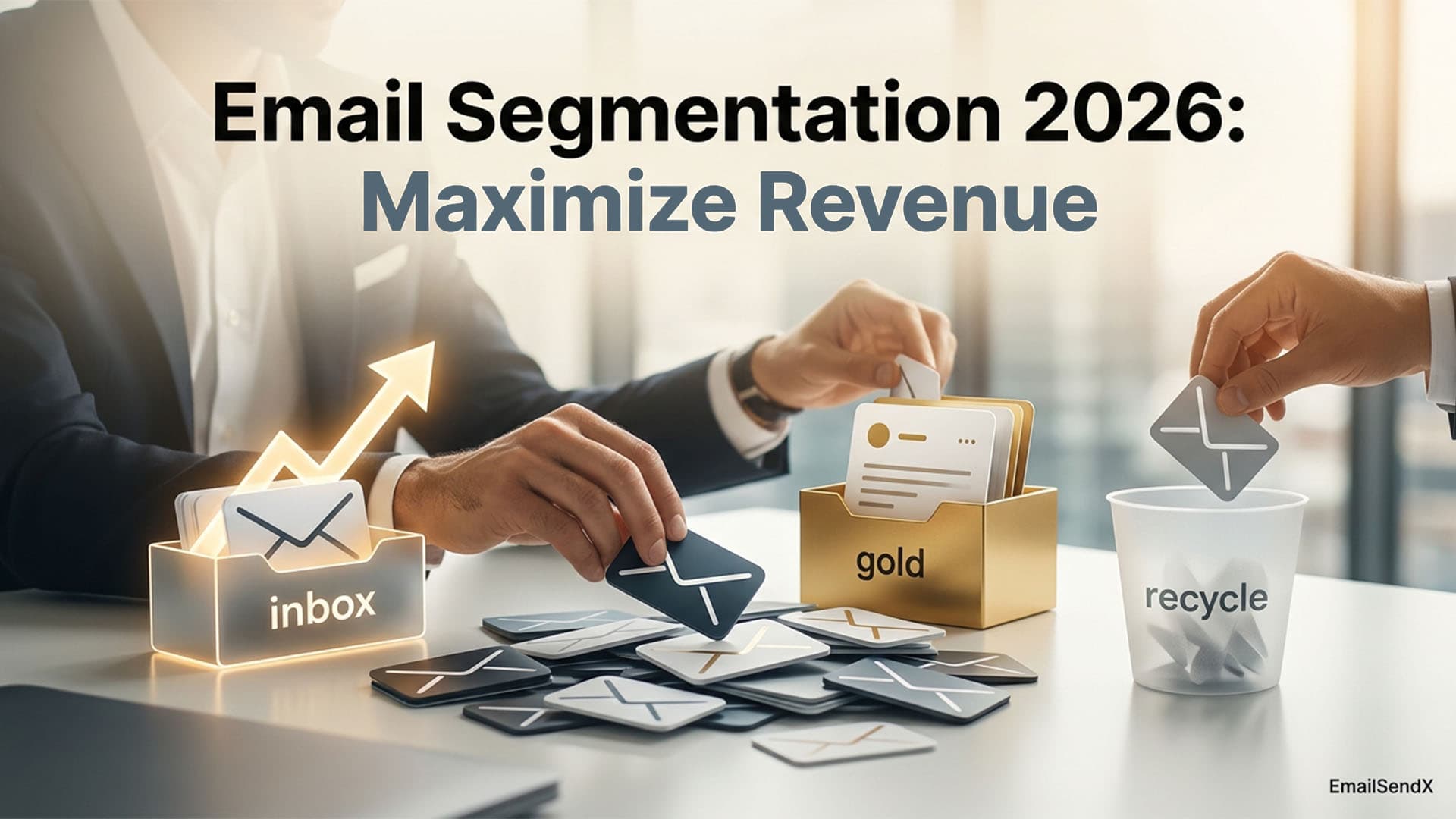 Two business people sorting email icons into 'inbox', 'gold', and 'recycle' containers, with an upward arrow indicating growth | EmailSendX