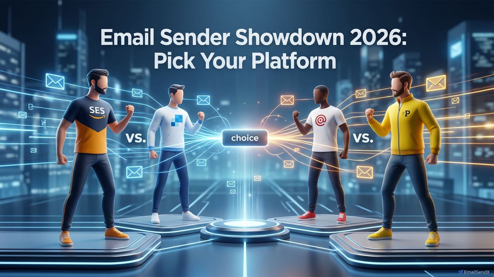 Four men representing different email platforms, each with their respective logos (SES, a blue cube, an @ symbol, and an orange 'P'), face off across a futuristic arena with 'VS.' and 'choice' text and email icons floating around | EmailSendX