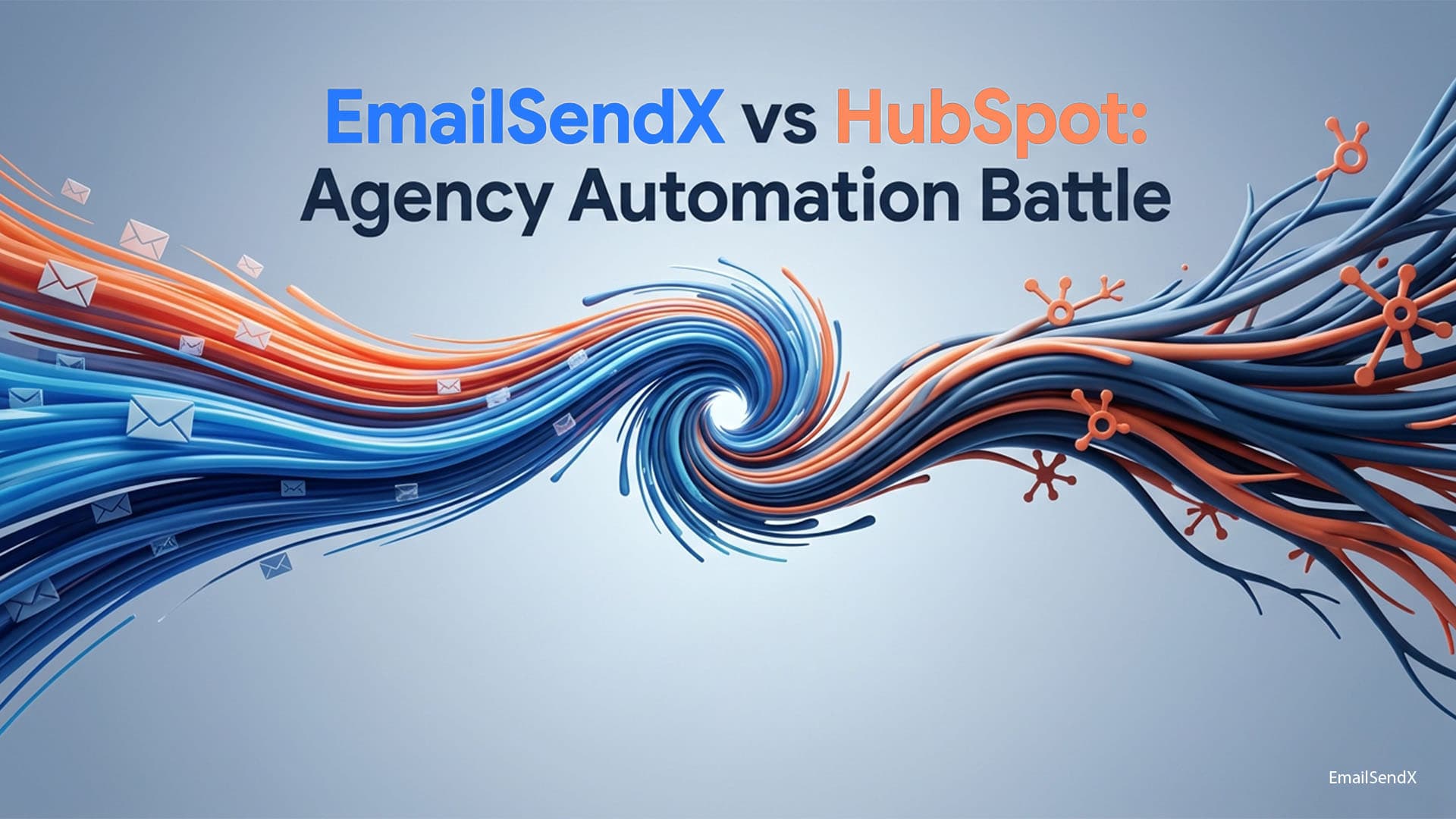 Blue and orange abstract swirling lines with email icons and star-like shapes, text 'EmailSendX vs HubSpot: Agency Automation Battle' at the top.