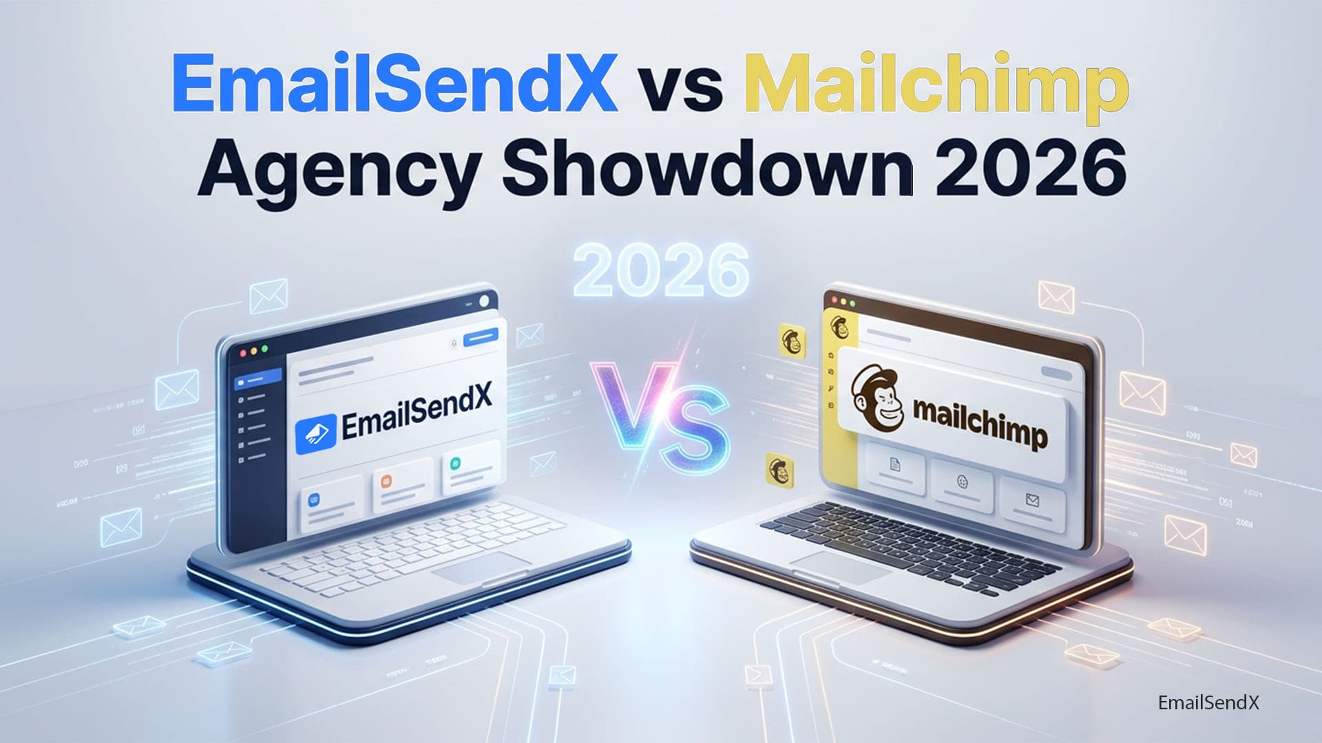 Two laptops displaying different email marketing software interfaces, EmailSendX on the left and Mailchimp on the right, with a 'VS' in the center.