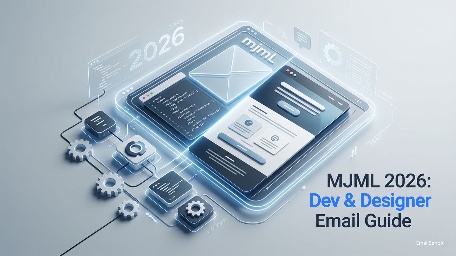 Digital illustration of an open laptop showing MJML code, surrounded by gears and circuits, with a smartphone displaying a responsive email template on a dark background with green and blue accents | EmailSendX