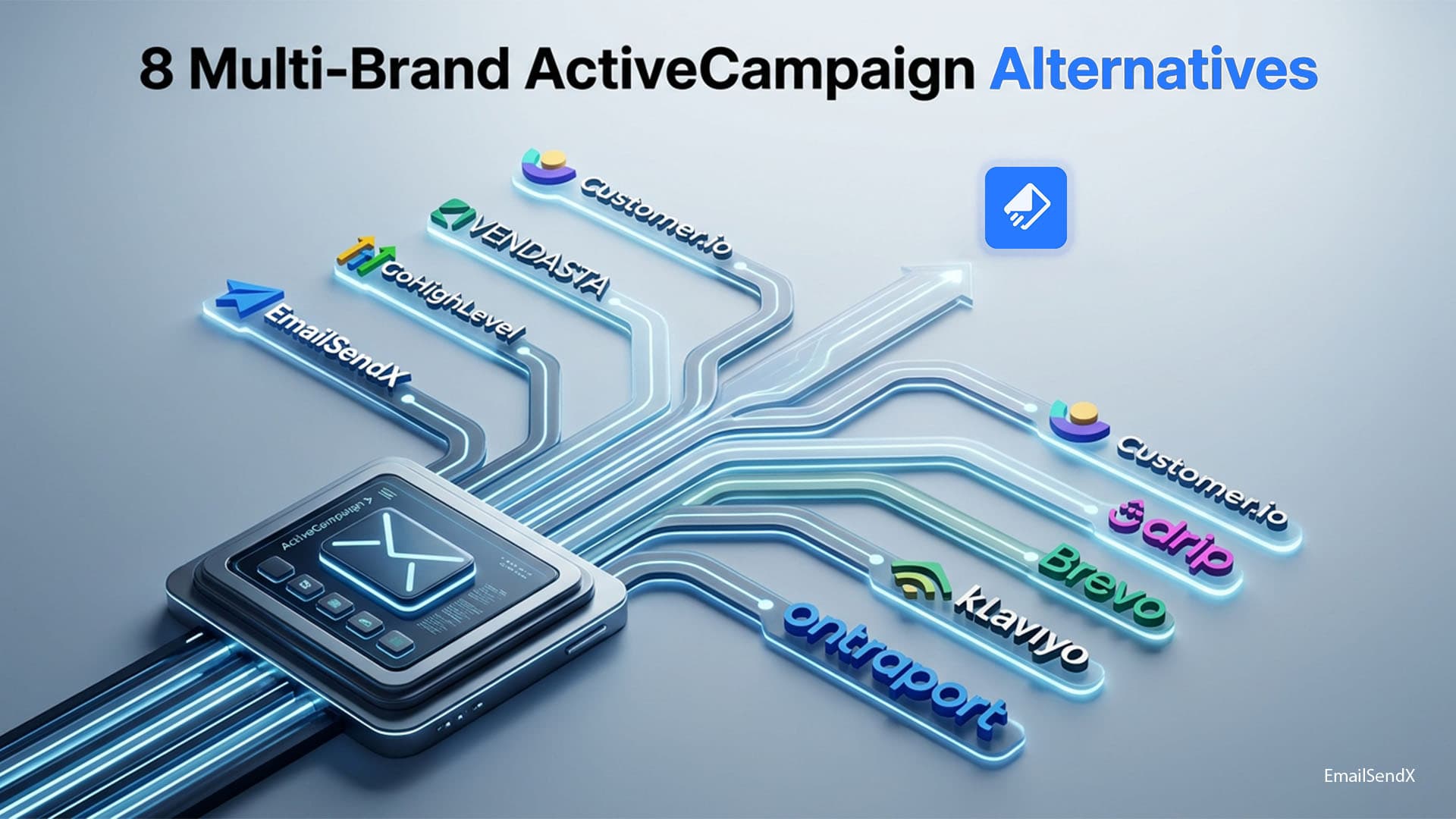 An infographic showing a central 'ActiveCampaign' module connected by glowing lines to eight alternative email marketing platforms | EmailSendX