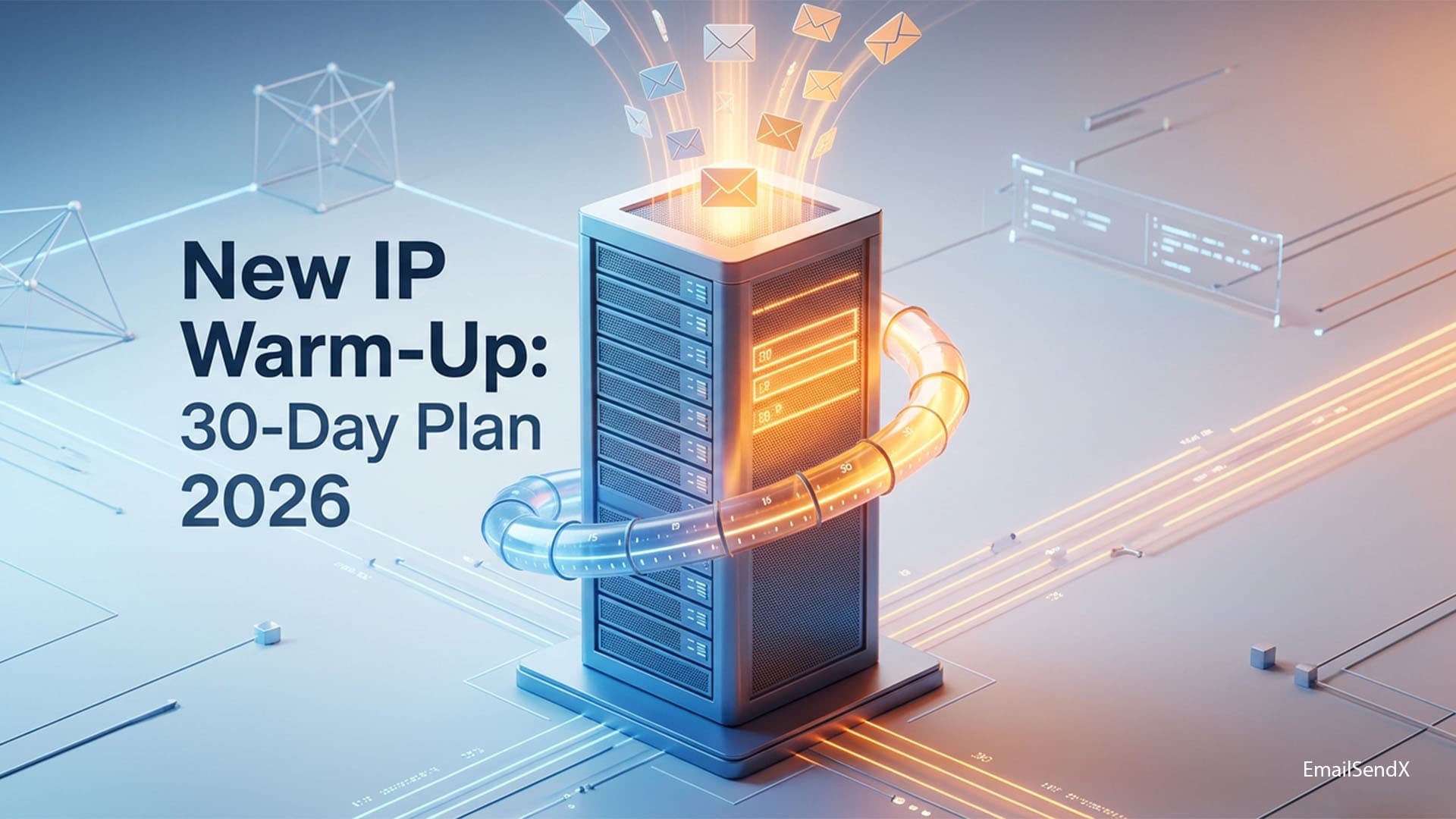 A server rack with glowing tubes and outgoing email icons, surrounded by geometric shapes and circuits, with text 'New IP Warm-Up: 30-Day Plan 2026' and 'EmailSendX'.