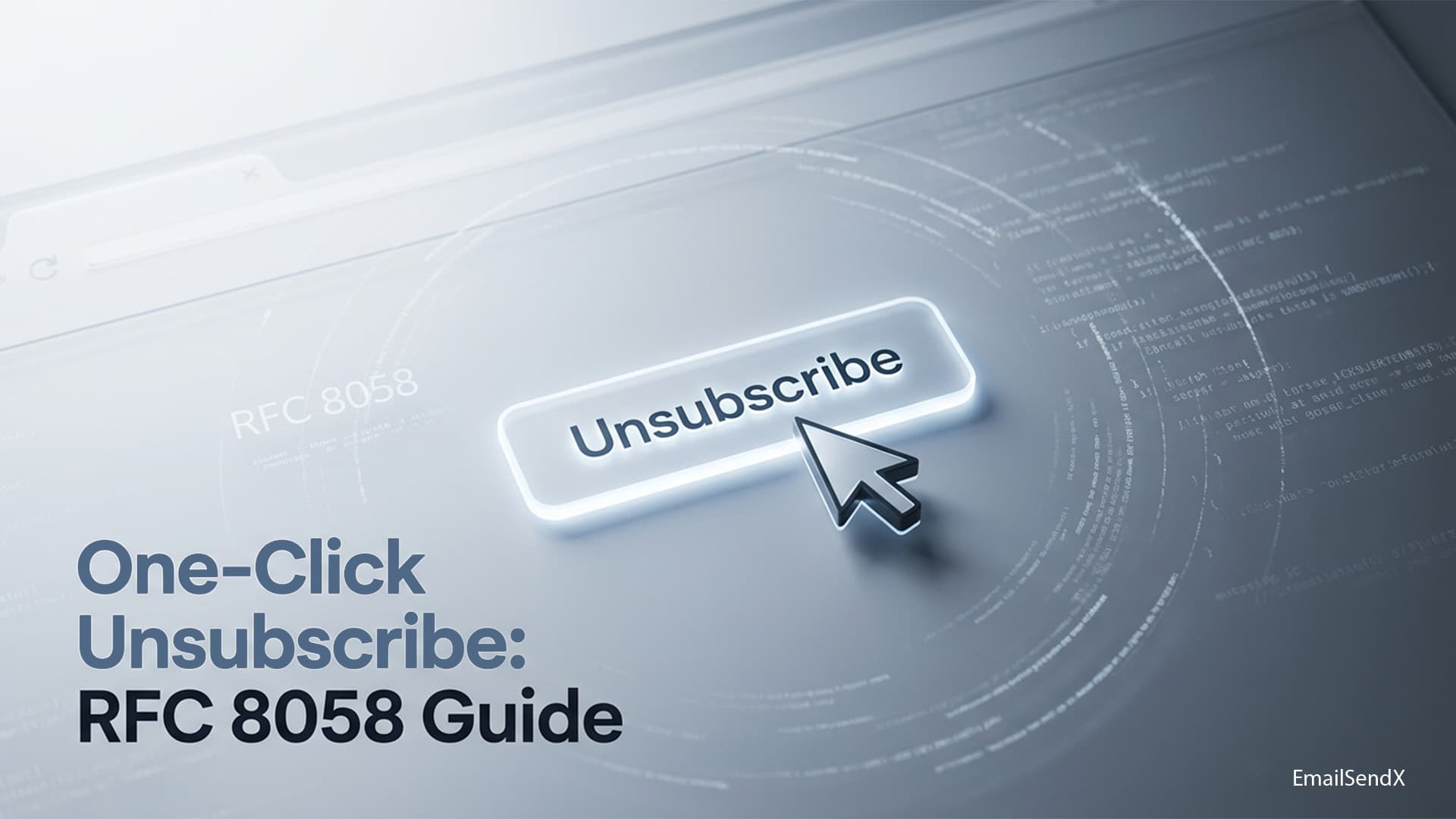 A glowing 'Unsubscribe' button with a mouse pointer hovering over it, set against a background of computer code and text including 'RFC 8058' and 'One-Click Unsubscribe: RFC 8058 Guide' | EmailSendX