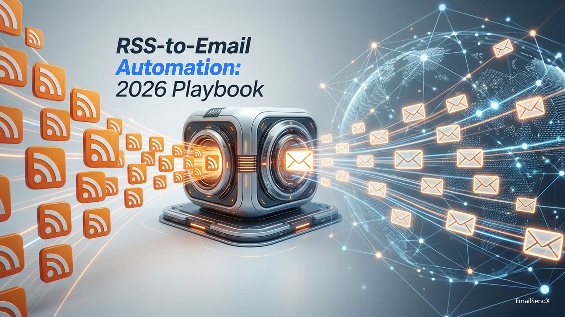A futuristic cube-shaped device with an email icon, sending out emails to a global network, surrounded by RSS feed icons | EmailSendX