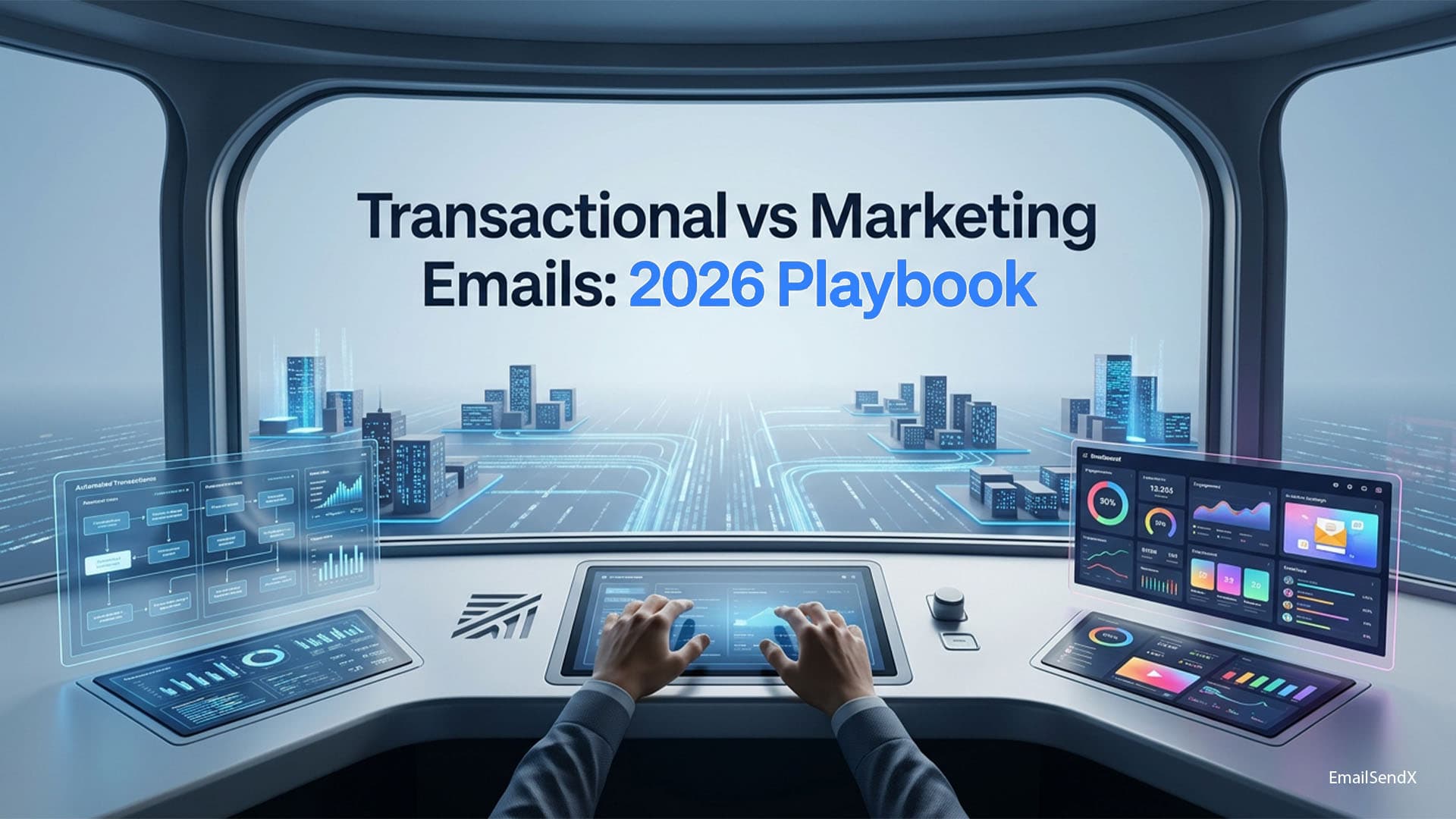 A futuristic control room with multiple holographic screens displaying data analytics and charts, with a person's hands on a central console | EmailSendX