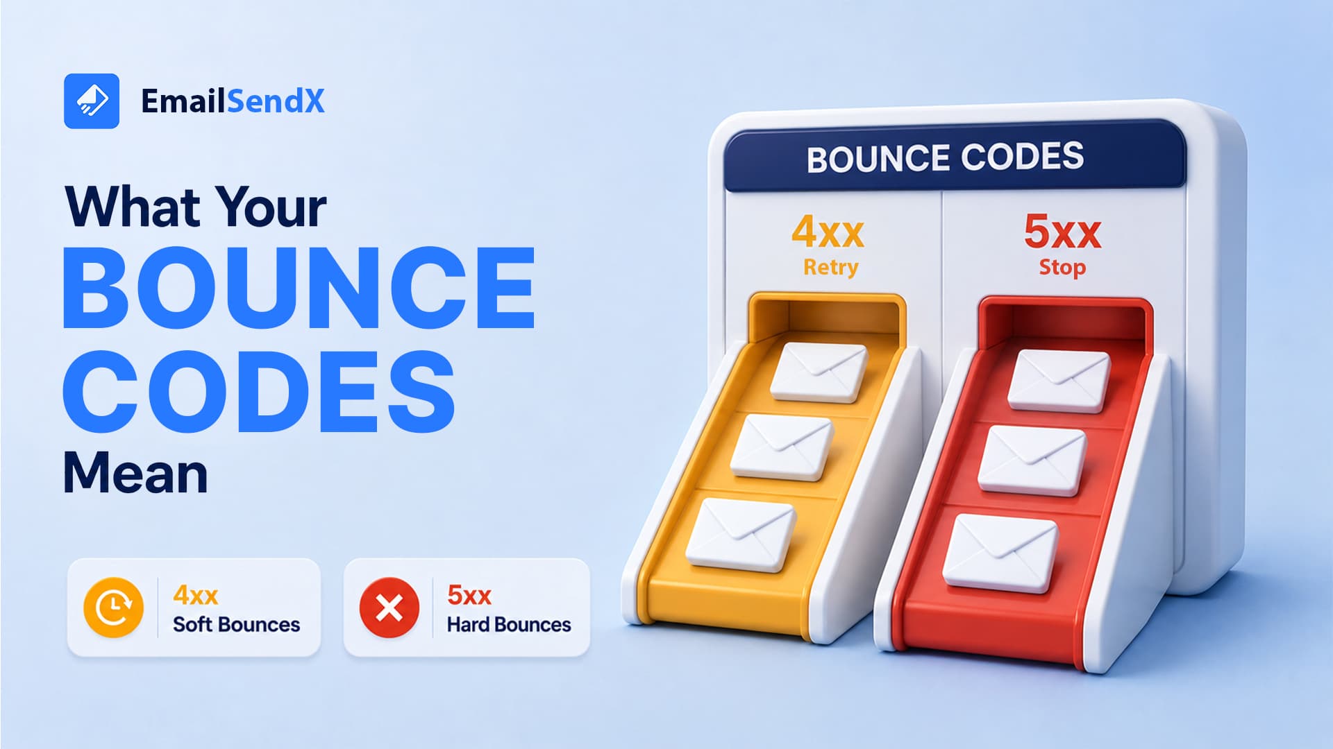 An infographic illustrating email bounce codes with 'What Your Bounce Codes Mean' as the main title, featuring 3D white envelopes sliding down yellow '4xx Retry' and red '5xx Stop' ramps | EmailSendX