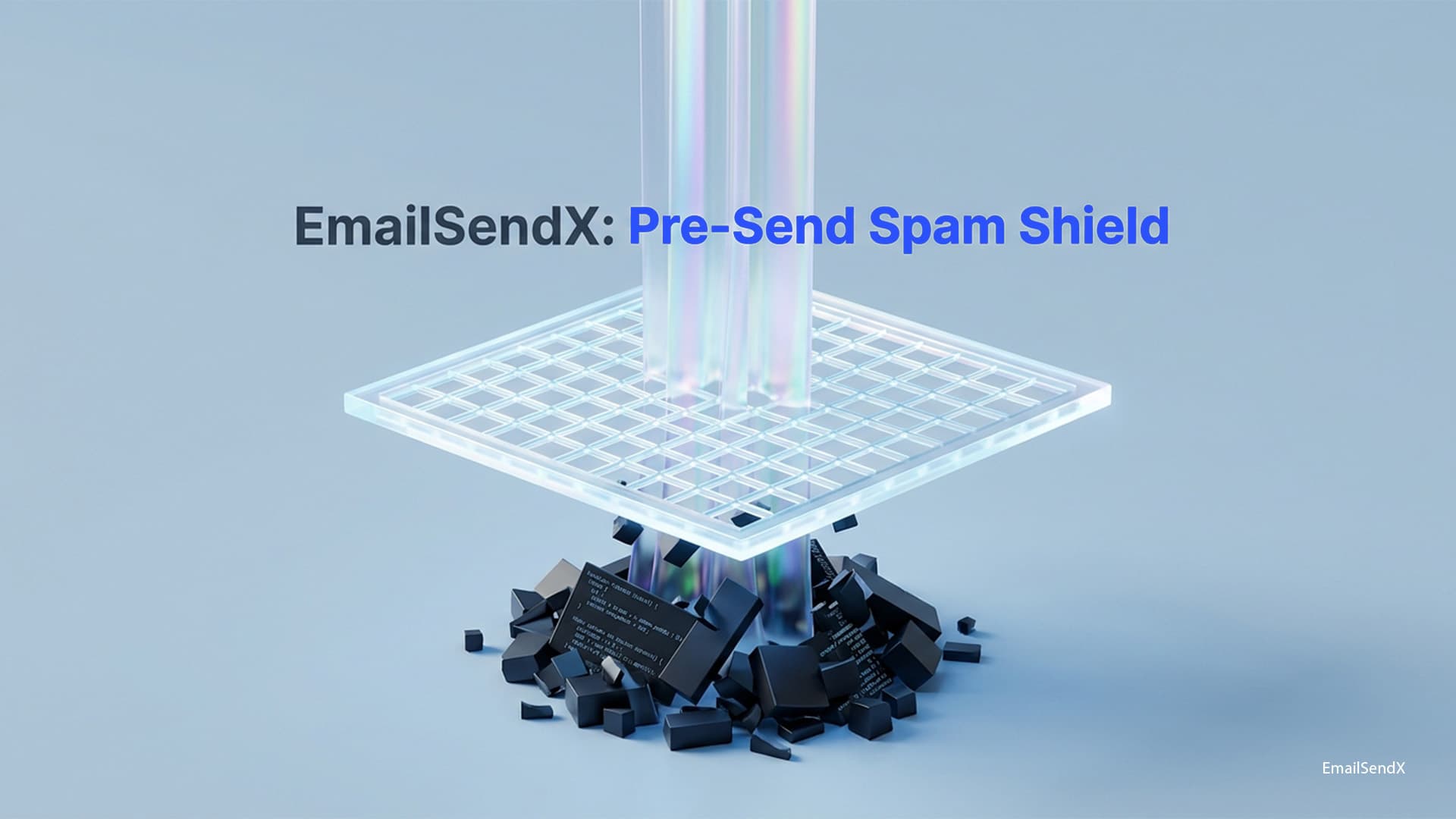 A digital representation of a shield-like grid protecting against black, shattered blocks of code, with glowing pillars of light | EmailSendX