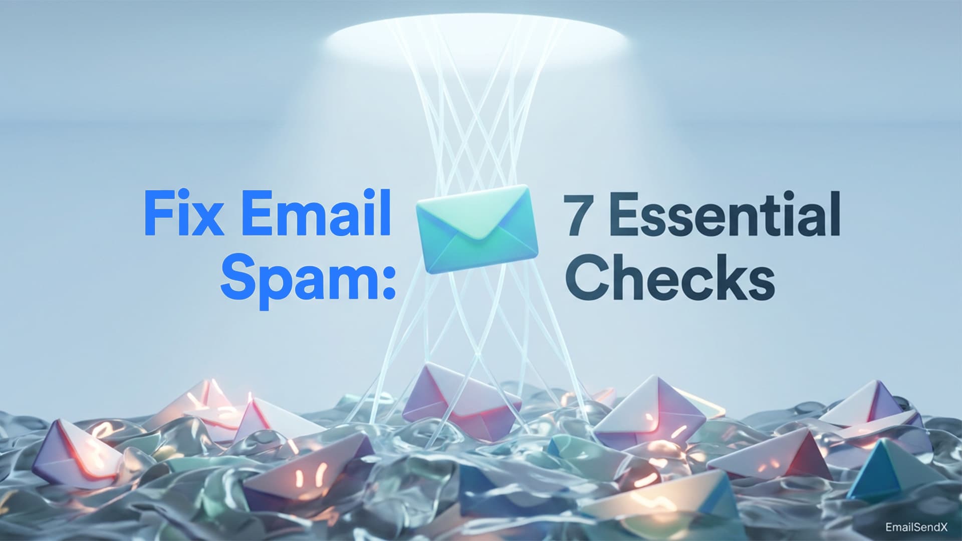 A 3D rendered image showing a glowing email icon being pulled upwards by light beams from a spotlight, above many other email icons submerged in water, with the text 'Fix Email Spam: 7 Essential Checks' overlayed | EmailSendX