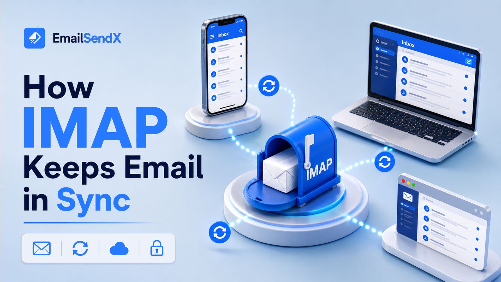 A visual representation showing a blue mailbox labeled 'IMAP' in the center, connected via dotted lines with refresh arrows to a smartphone, a laptop, and a web browser interface, all displaying email inboxes. The EmailSendX logo is in the top left.