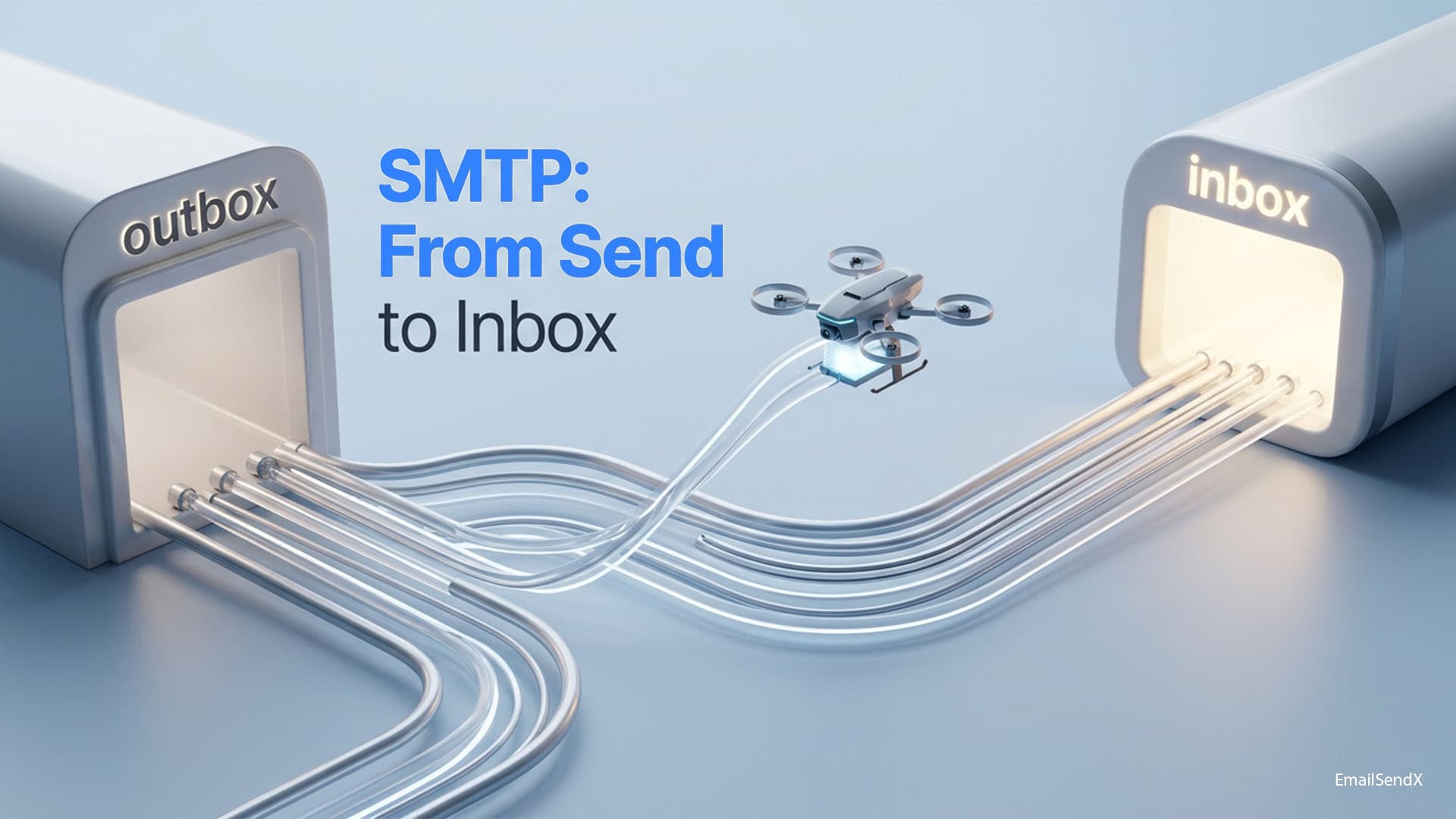 3D illustration showing an 'outbox' module connected by glowing white cables to an 'inbox' module, with a drone carrying a data chip hovering between them, representing email transmission | EmailSendX