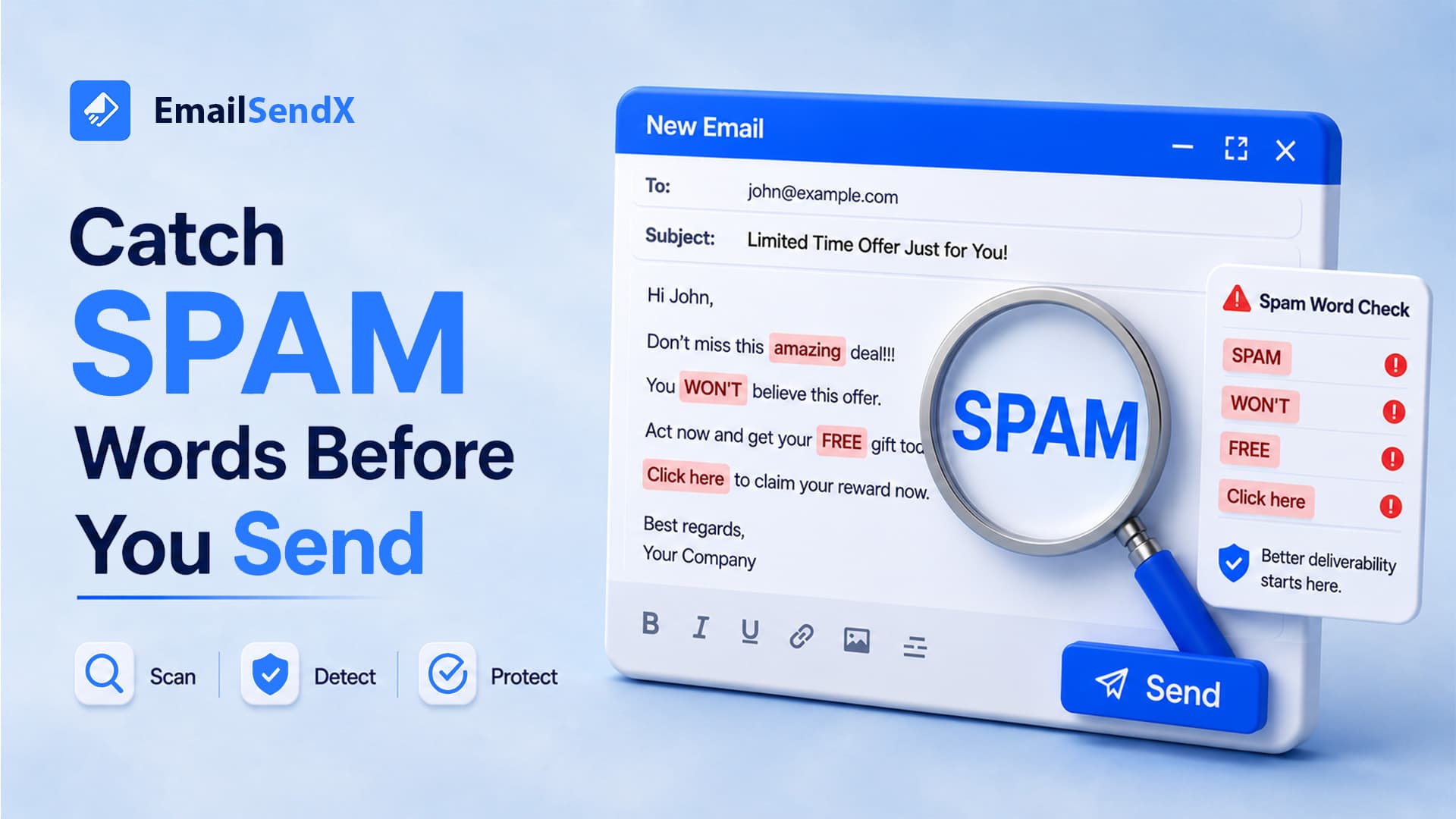 A close-up of a digital email interface on a computer screen, displaying an email with spam words highlighted and a magnifying glass over the word 'SPAM'. A 'Spam Word Check' pop-up shows identified spam words | EmailSendX
