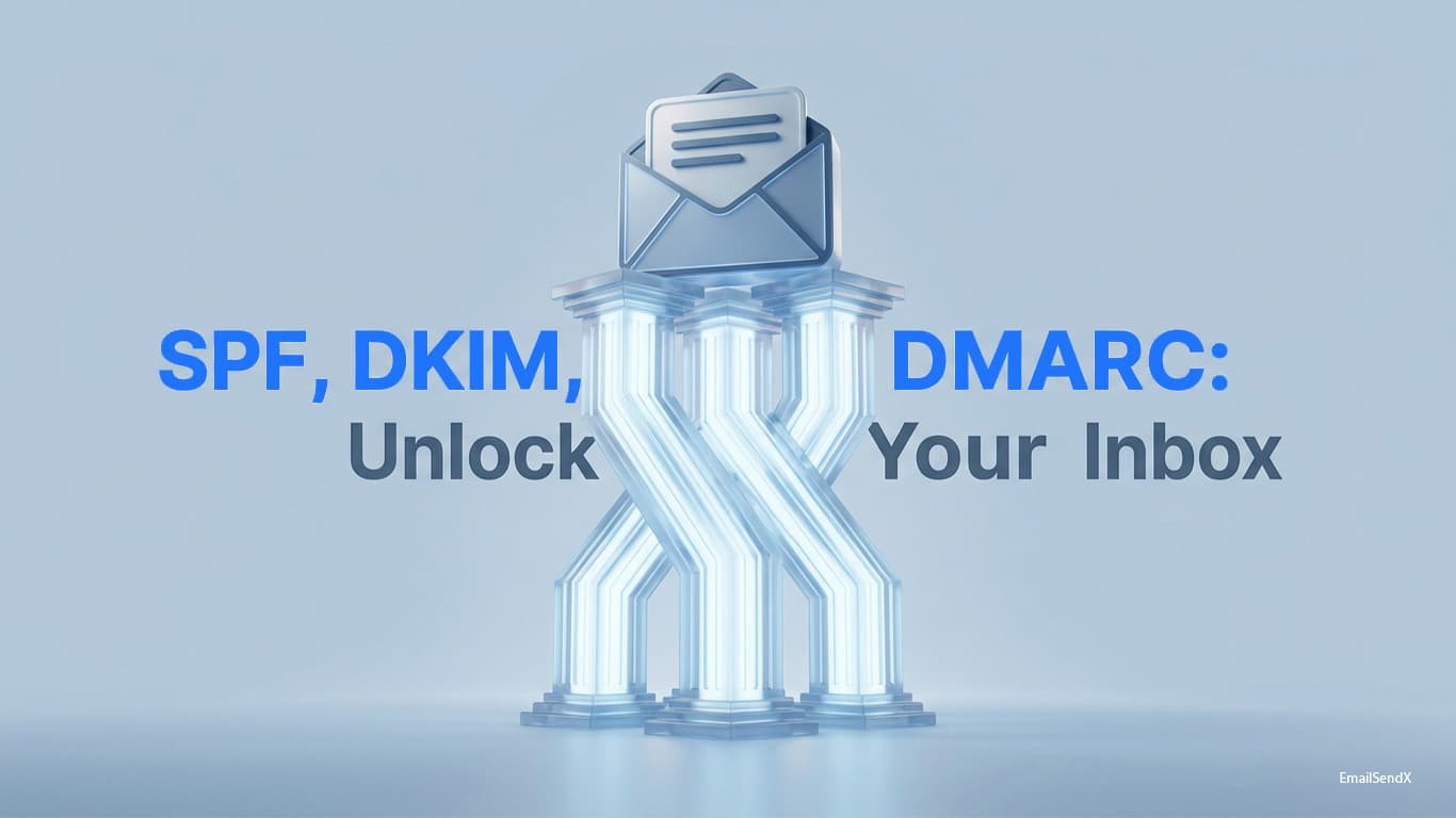 An email icon resting on three glowing blue pillars, with the text 'SPF, DKIM, DMARC: Unlock Your Inbox' in blue and grey | EmailSendX