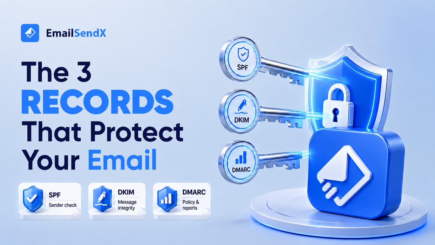 An email icon resting on three glowing blue pillars, with the text 'SPF, DKIM, DMARC: Unlock Your Inbox' in blue and grey | EmailSendX