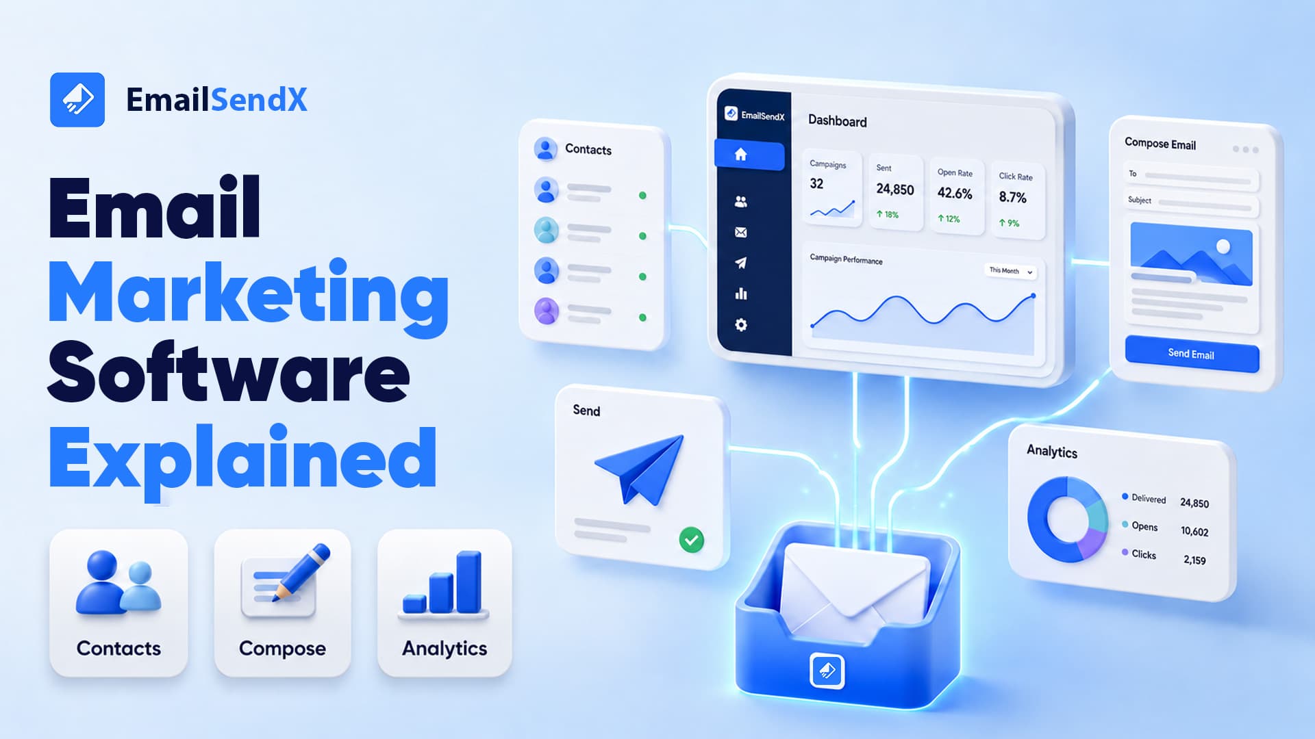 An illustration of email marketing software, featuring a dashboard with metrics, contact lists, email composer, analytics, and a 3D envelope icon | EmailSendX